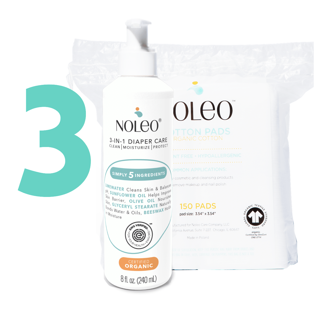 Value Pack NOLEO Diaper Cleanser & Moisturizer + Organic Cotton Pads NOLEO DUO (Pack of 6)